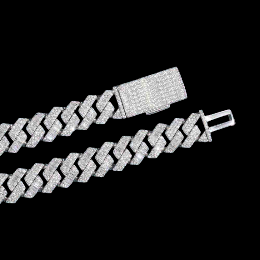 15MM Baguette Pave Cuban Link VVS1 Moissanite Chain 925 Sterling Silver