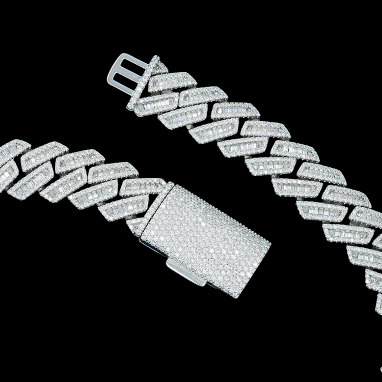 16MM Baguette Pave Cuban Link VVS1 D Color Moissanite Chain 925 Sterling Silver