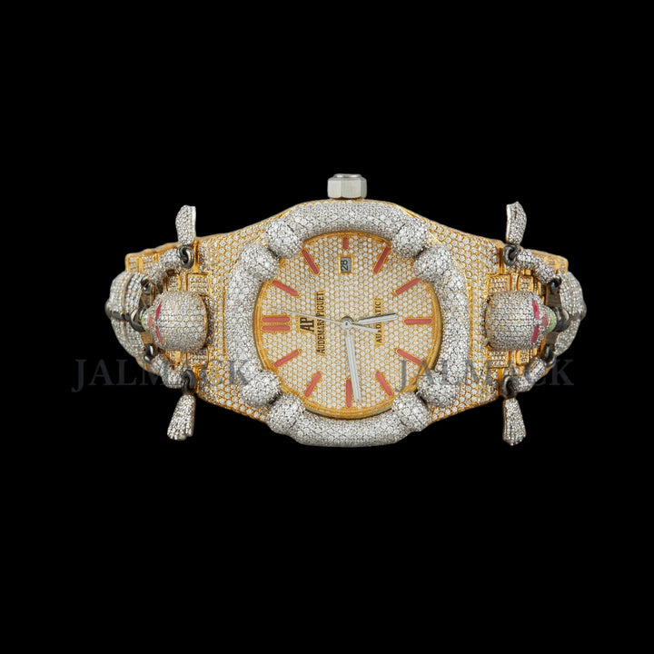Gold Dial Monogram Letter Round-Cut Elephant Moissanite Watch