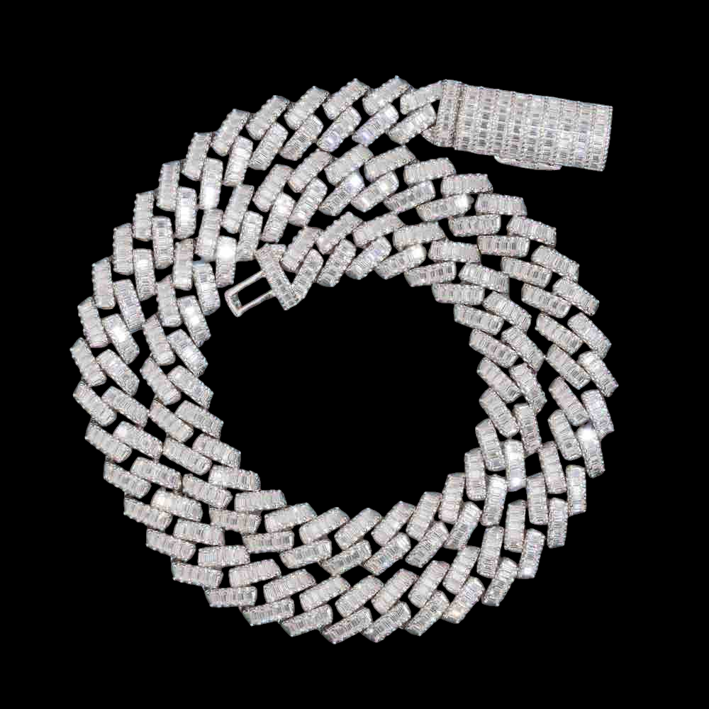13MM Baguette VVS Moissanite Cuban Link Chain 925 Sterling Silver