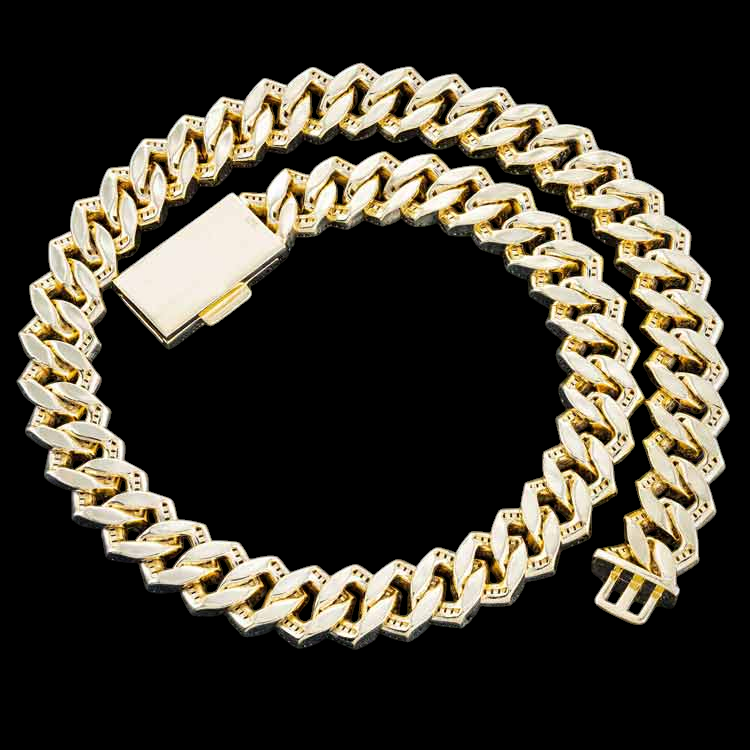 15MM Yellow Gold Baguette Pave Cuban Link VVS1 Moissanite Chain 925 Sterling Silver
