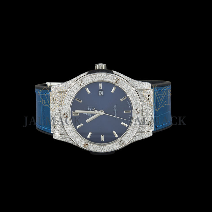 Blue Dial Baton Marker Round-Cut Moissanite Watch