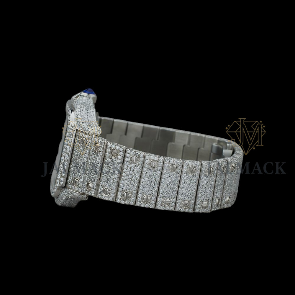 Silver Dial Blue Arabic Round-Cut Moissanite Watch