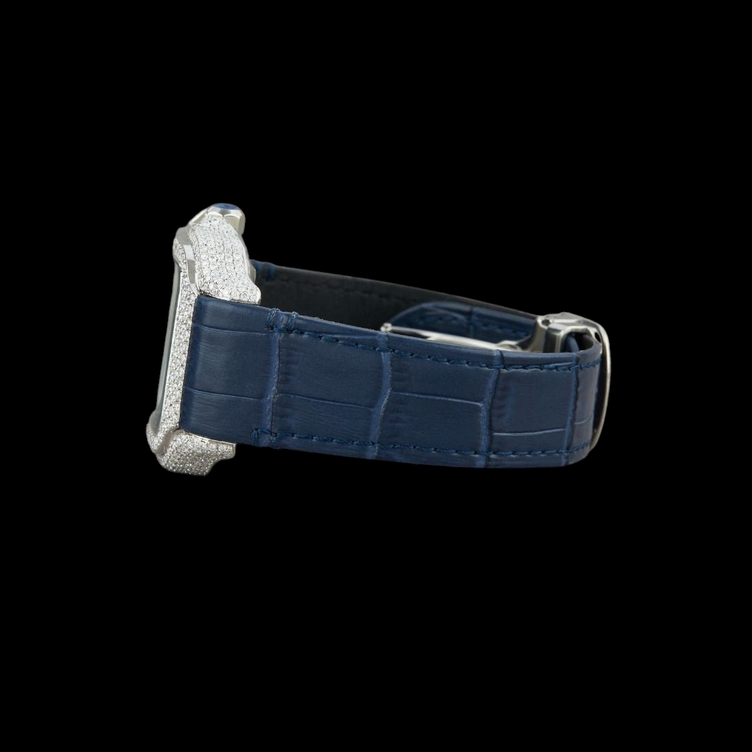 Silver Roman Dial Fully Iced Moissanite Automatic Watch Blue Strap