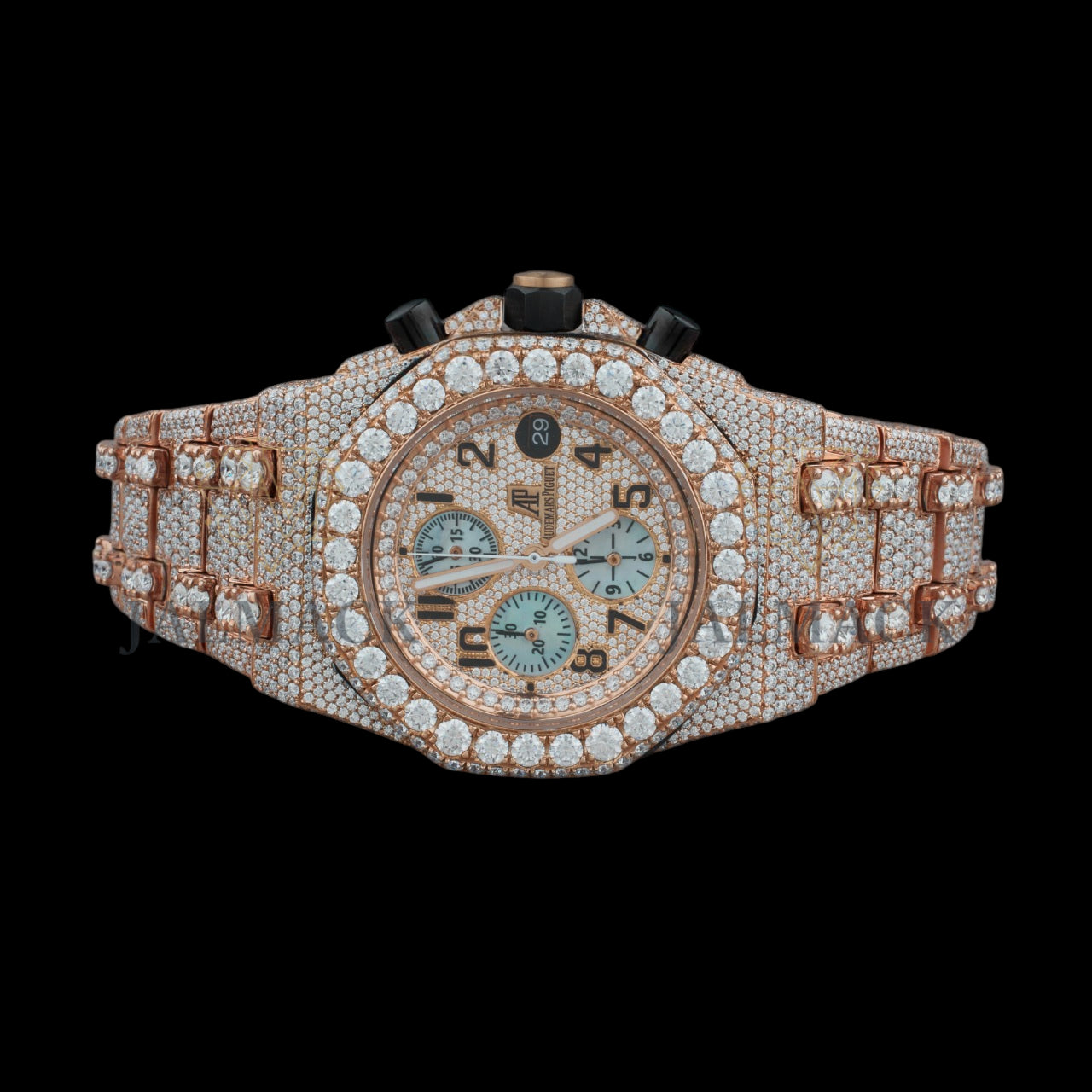 Rose Gold Dial Arabic Numeral Round-Cut Moissanite Chronograph Watch