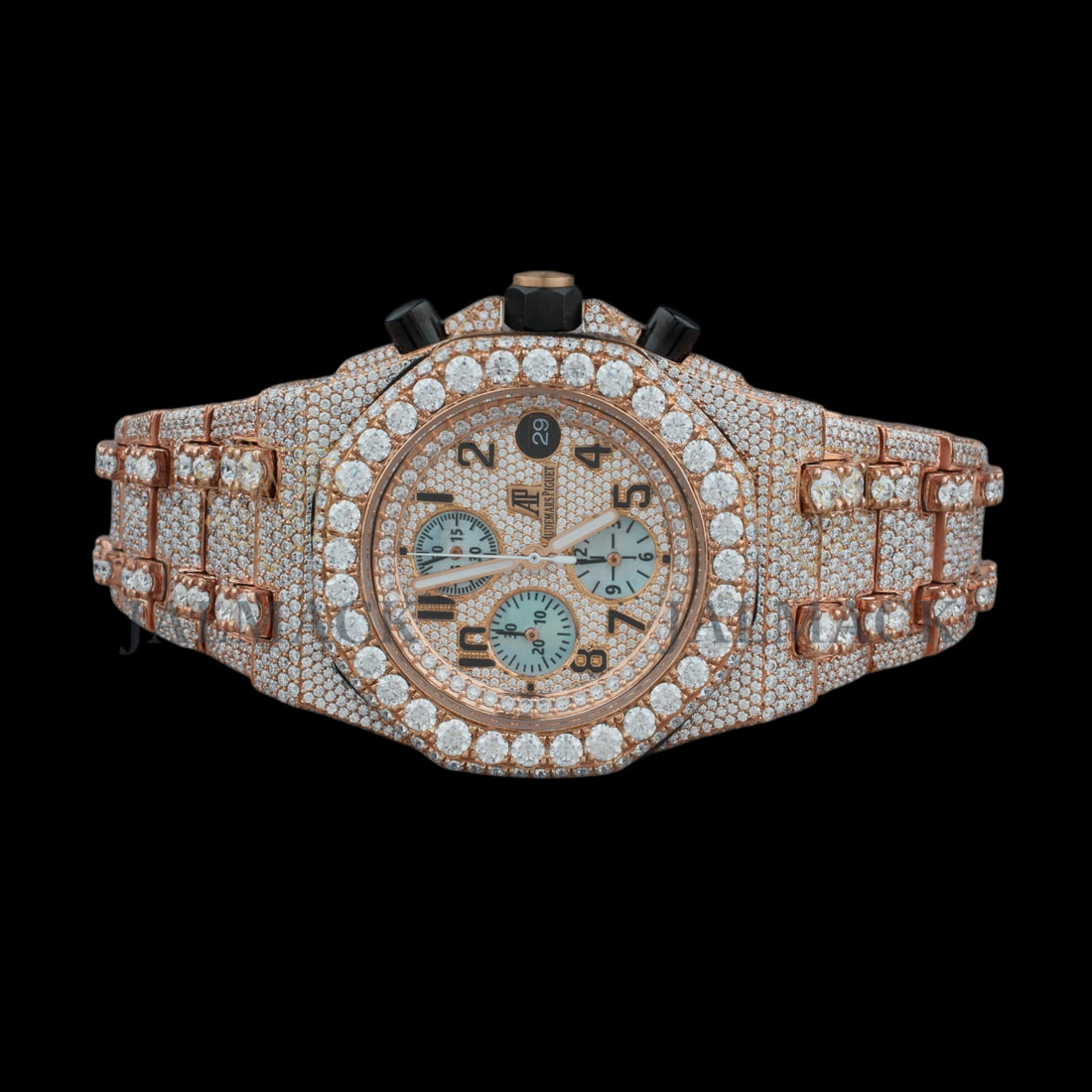 Rose Gold Dial Arabic Numeral Round-Cut Moissanite Chronograph Watch