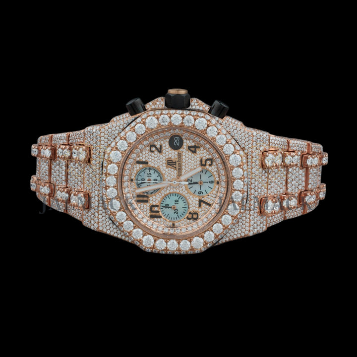 Rose Gold Dial Arabic Numeral Round-Cut Moissanite Chronograph Watch
