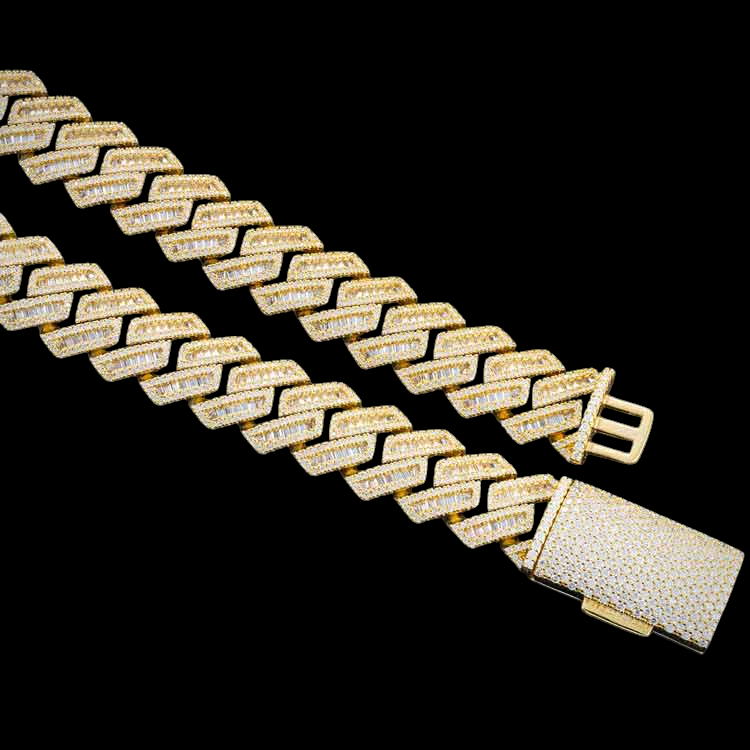15MM Yellow Gold Baguette Pave Cuban Link VVS1 Moissanite Chain 925 Sterling Silver