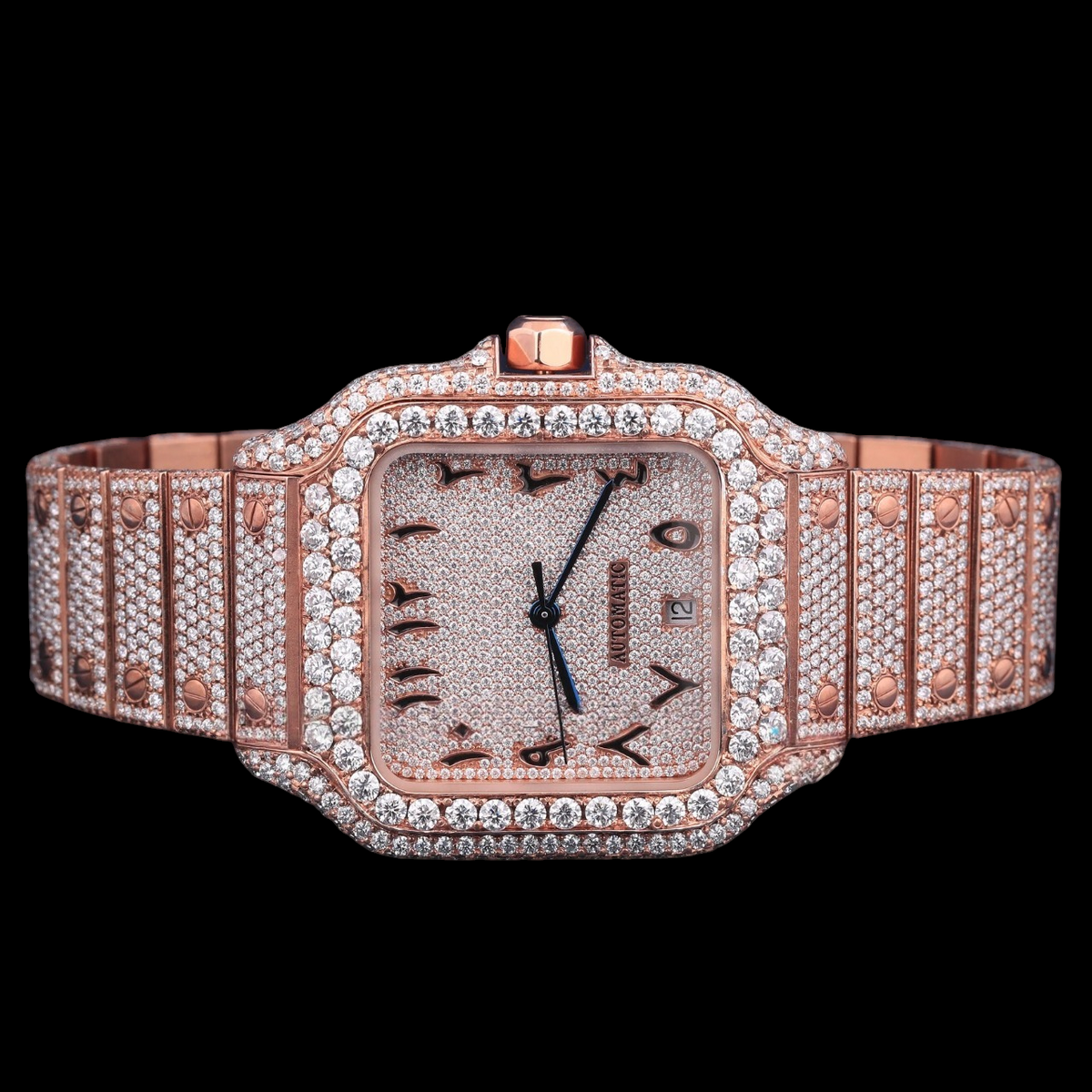 Luxury Rose Gold Arabic Moissanite Automatic Date Watch VVS1 D Color Fully Iced Out