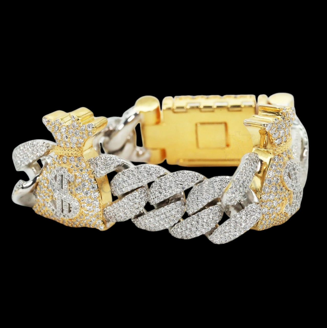 Two-Tone Money Bag Moissanite Cuban Bracelet Fully Iced Out