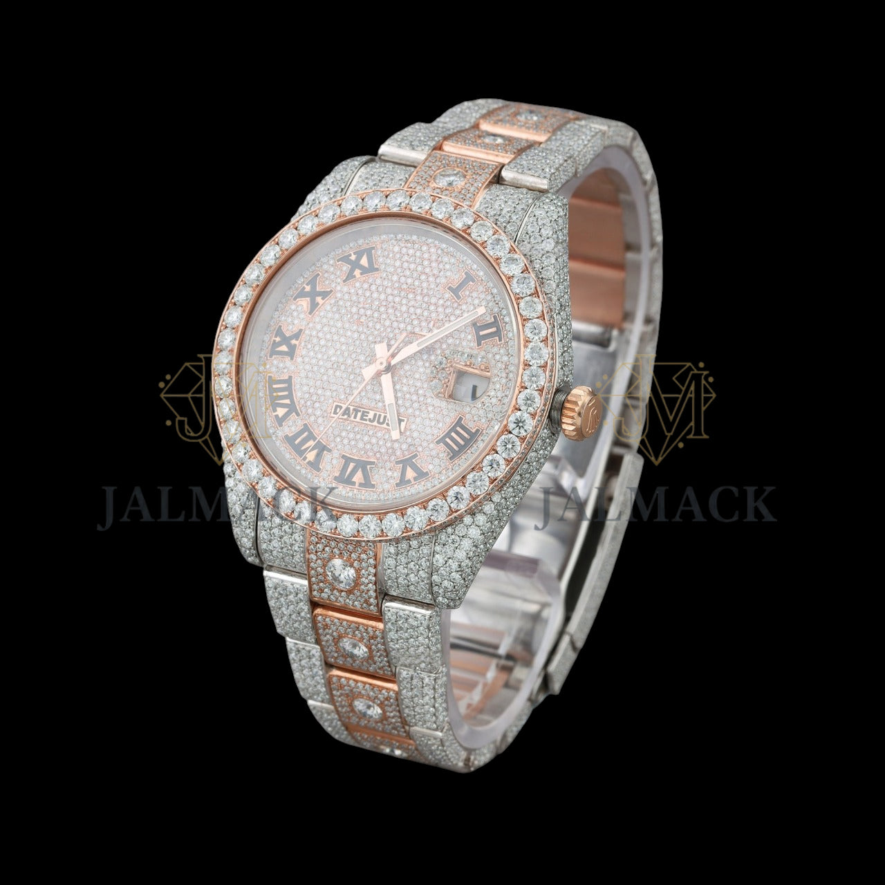 Rose Gold Dial Black Roman Round-Cut Moissanite Watch