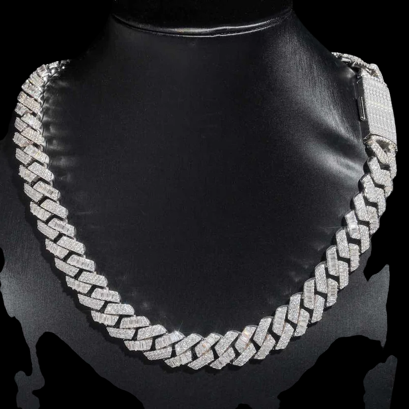 15MM Baguette Pave Cuban Link VVS1 Moissanite Chain 925 Sterling Silver