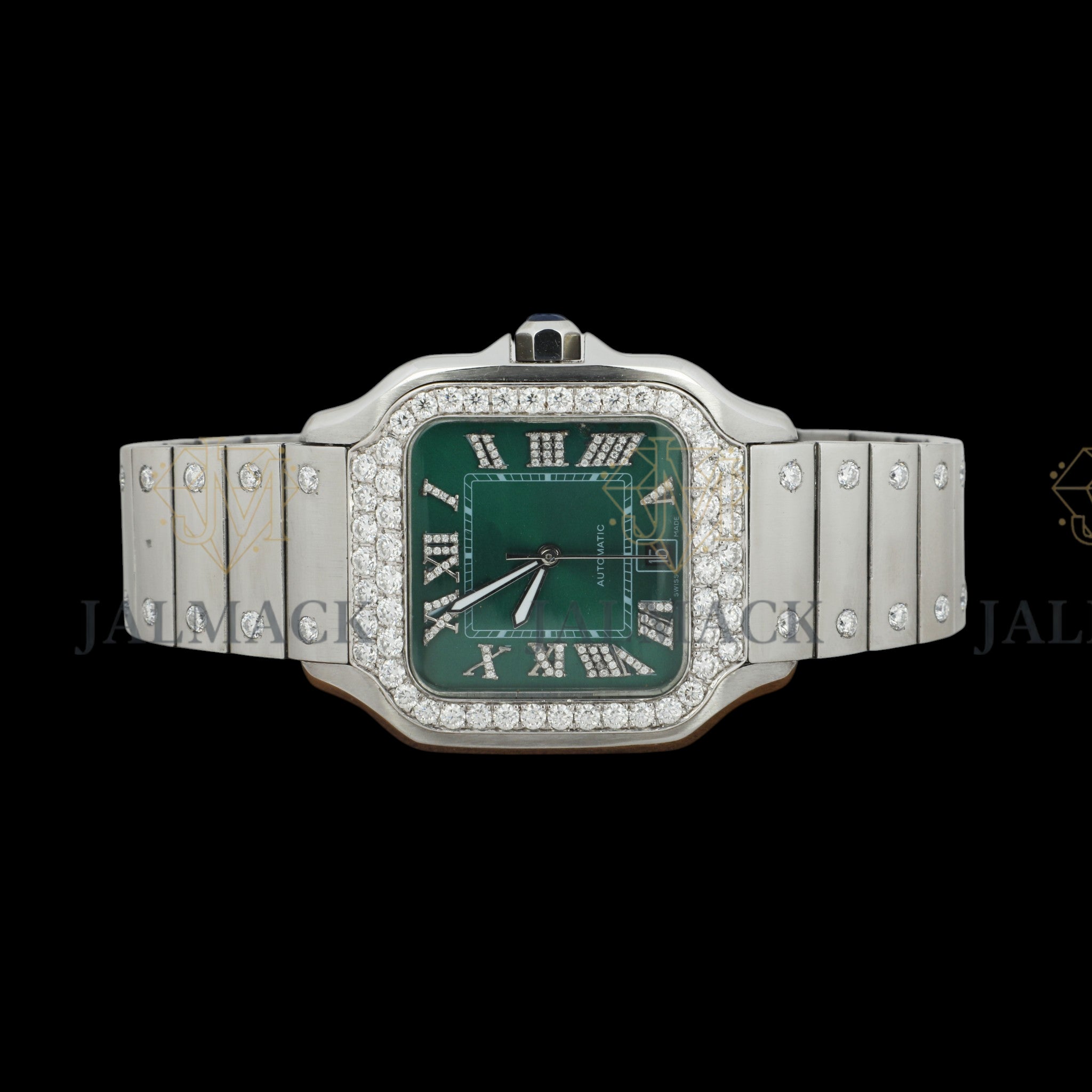 Green Dial Roman Letter Round-Cut Moissanite Watch