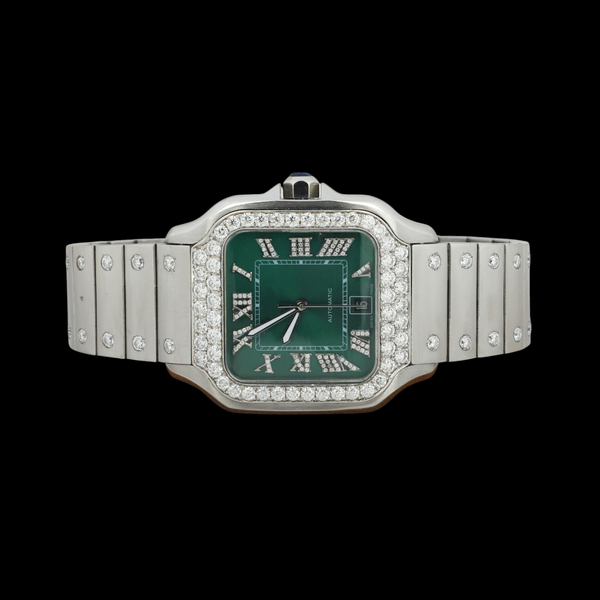 Green Dial Roman Letter Round-Cut Moissanite Watch