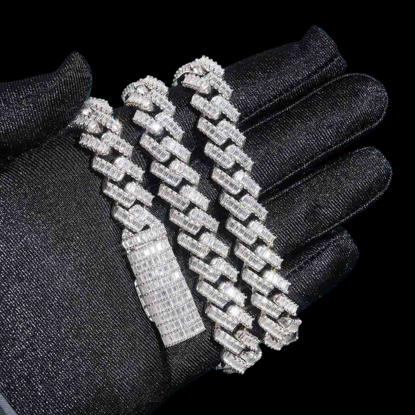 13MM Baguette VVS Moissanite Cuban Link Chain 925 Sterling Silver