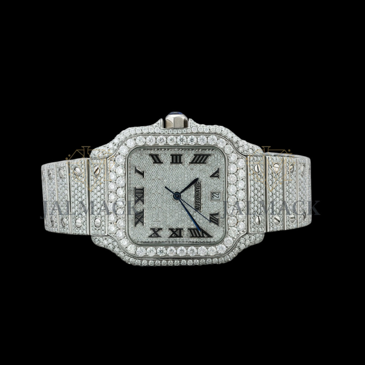 Silver Dial Black Roman Round-Cut Moissanite Watch