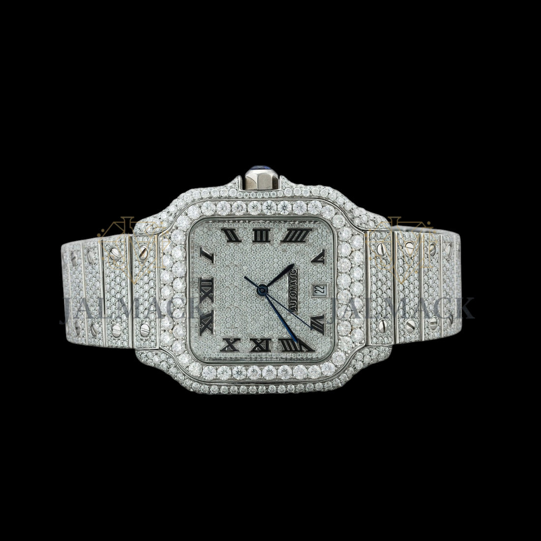 Silver Dial Black Roman Round-Cut Moissanite Watch