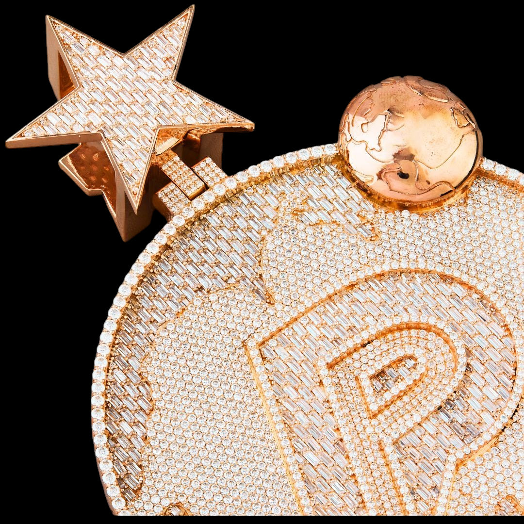 Gold P Initial World Map Moissanite Medallion Fully Iced Out
