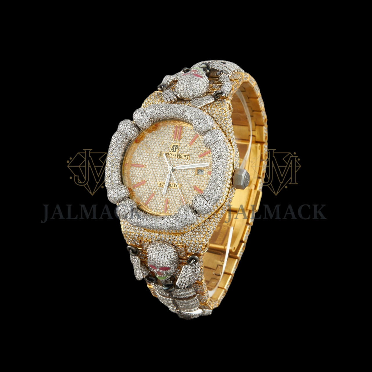 Gold Dial Monogram Letter Round-Cut Elephant Moissanite Watch