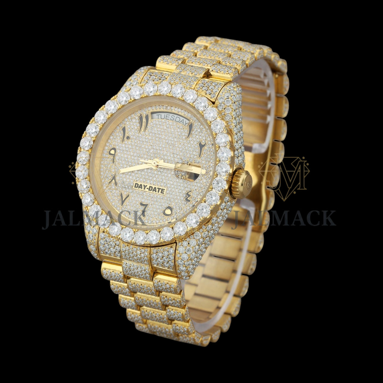 Gold Arabic Dial Round-Cut Moissanite Day-Date Watch