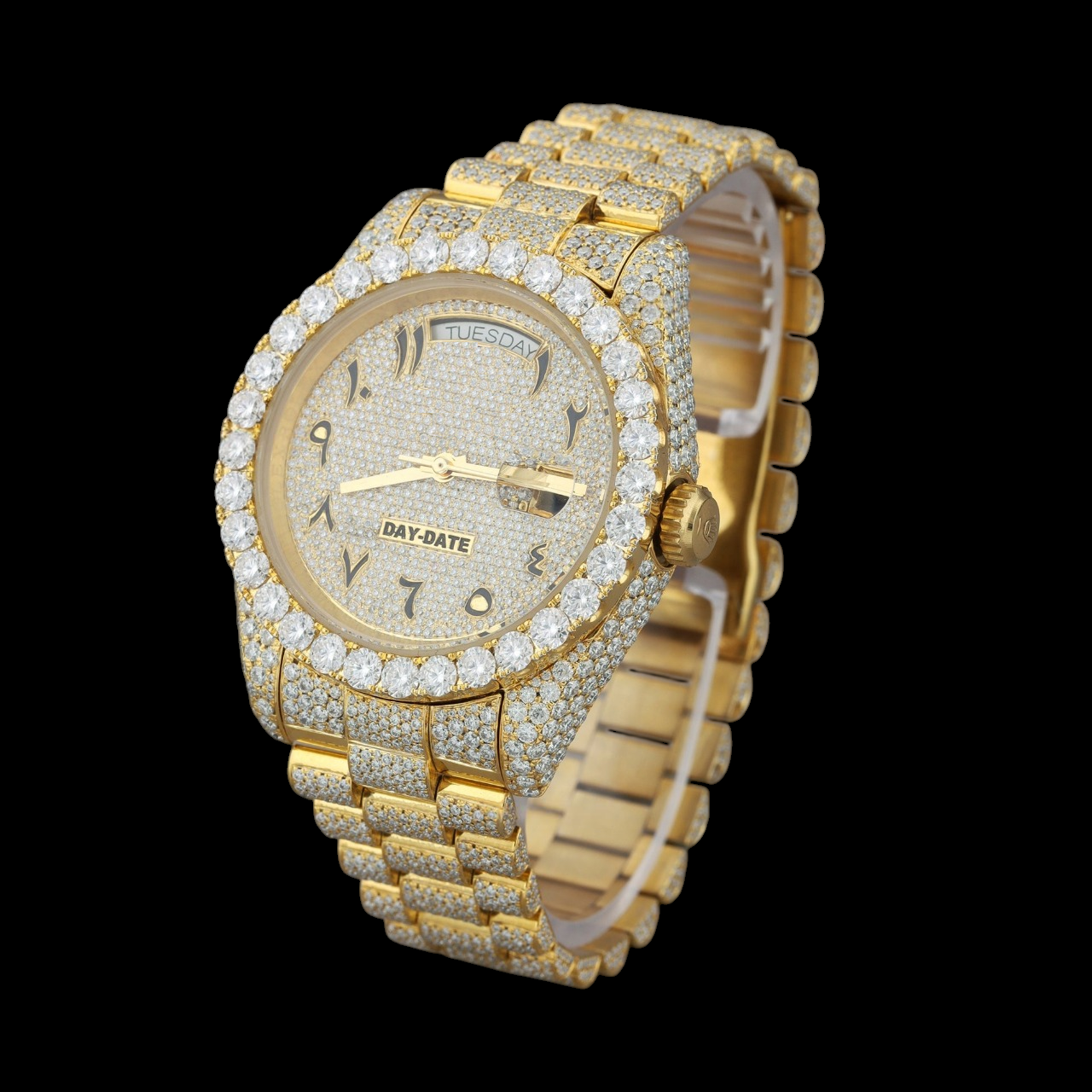 Gold Arabic Dial Round-Cut Moissanite Day-Date Watch