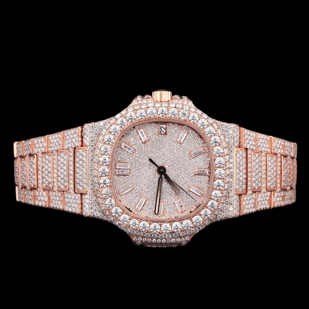 Luxury Rose Gold Baguette Moissanite Automatic Date Watch VVS1 D Color