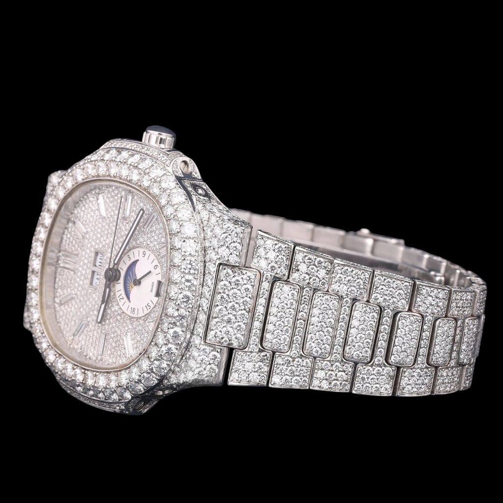 Luxury Silver Baguette Moissanite Moonphase Automatic Watch