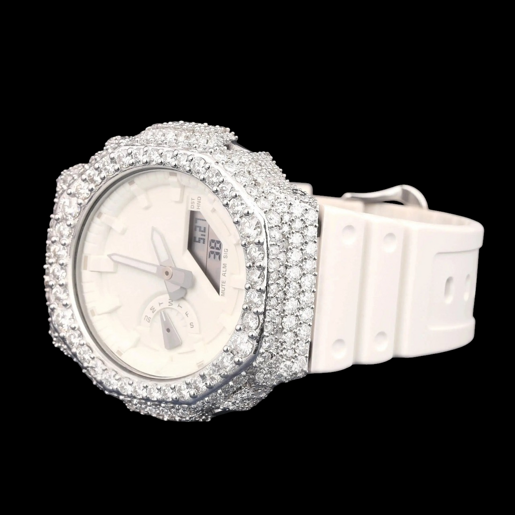 Royal White Dial & Strap Iced G-Shock Moissanite Watch
