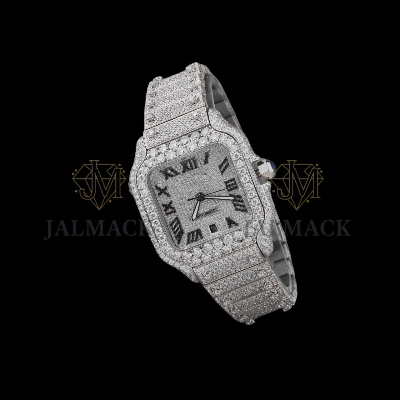 Silver Dial Black Roman Round-Cut Moissanite Watch