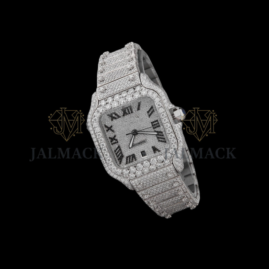 Silver Dial Black Roman Round-Cut Moissanite Watch