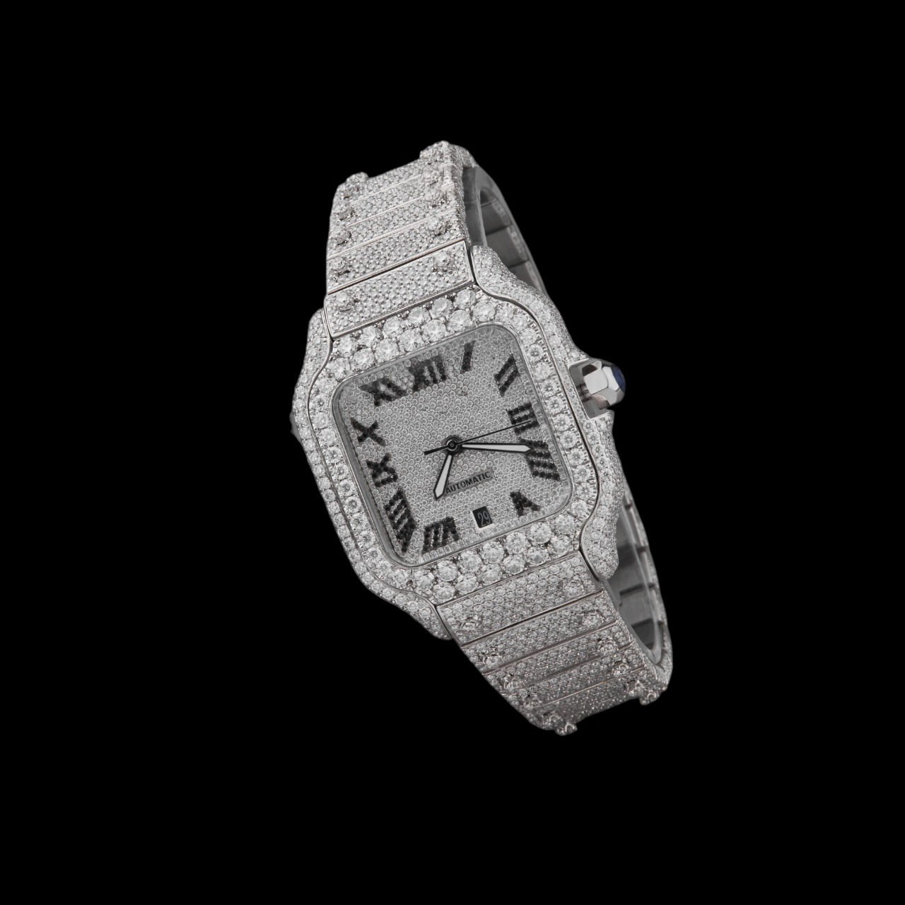 Silver Dial Black Roman Round-Cut Moissanite Watch