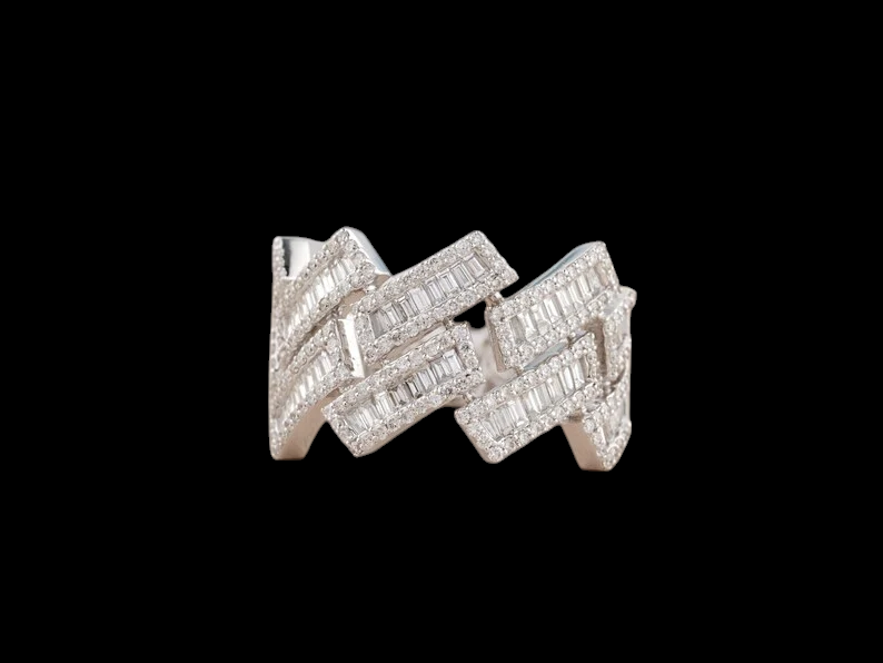 10K Solid White Gold Plated Moissanite Diamond Hip hop Ring - Gold Pave Setting Diamond Link Ring for men's Hip hop fashion