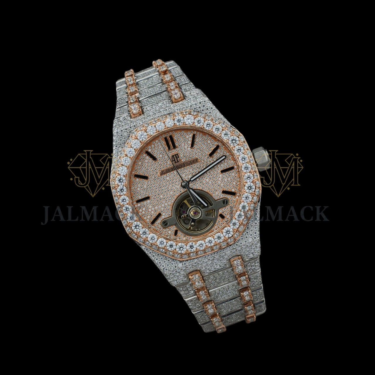 Rose Gold Dial Baton Marker Round-Cut Open-Heart Moissanite Watch