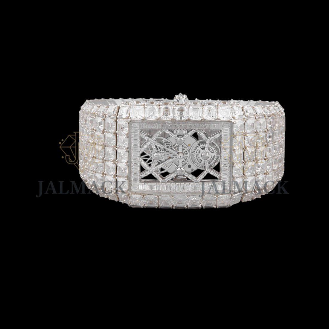 Silver Skeleton Dial Markerless Baguette & Emerald-Cut Moissanite Watch