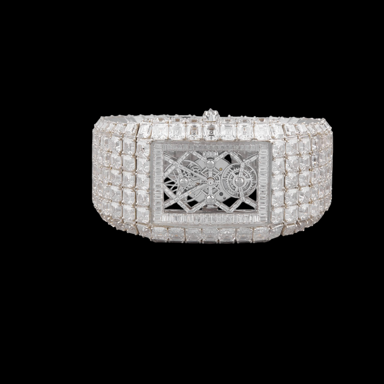 Silver Skeleton Dial Markerless Baguette & Emerald-Cut Moissanite Watch