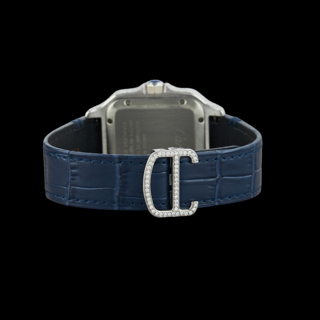 Silver Roman Dial Fully Iced Moissanite Automatic Watch Blue Strap