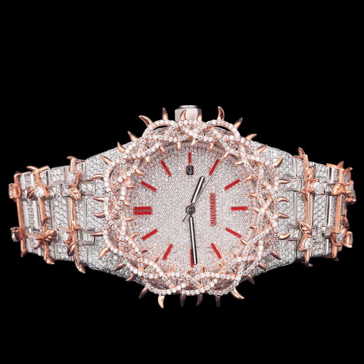 Luxury Rose Gold Thorn Moissanite Automatic Watch VVS1 D Color Fully Iced Out