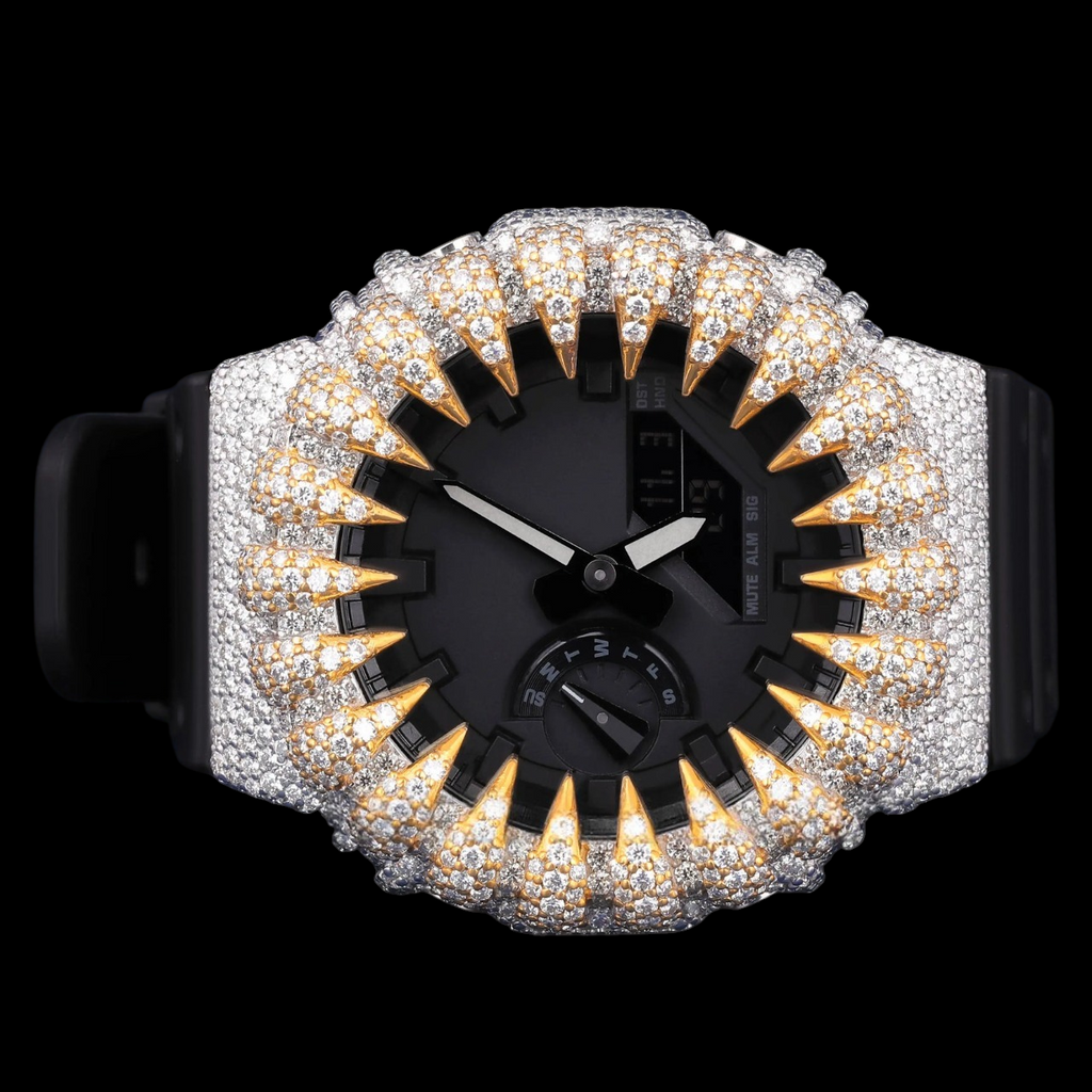 Black Dial Gold Spike Crown Case G-Shock Moissanite Watch