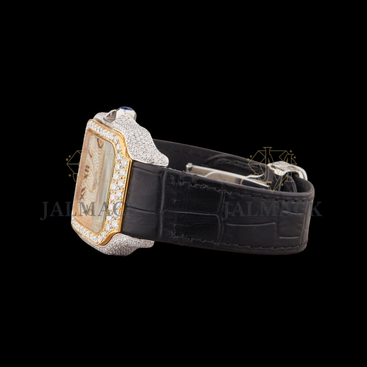 Gold Dial Roman Letter Round-Cut Moissanite Leather Watch