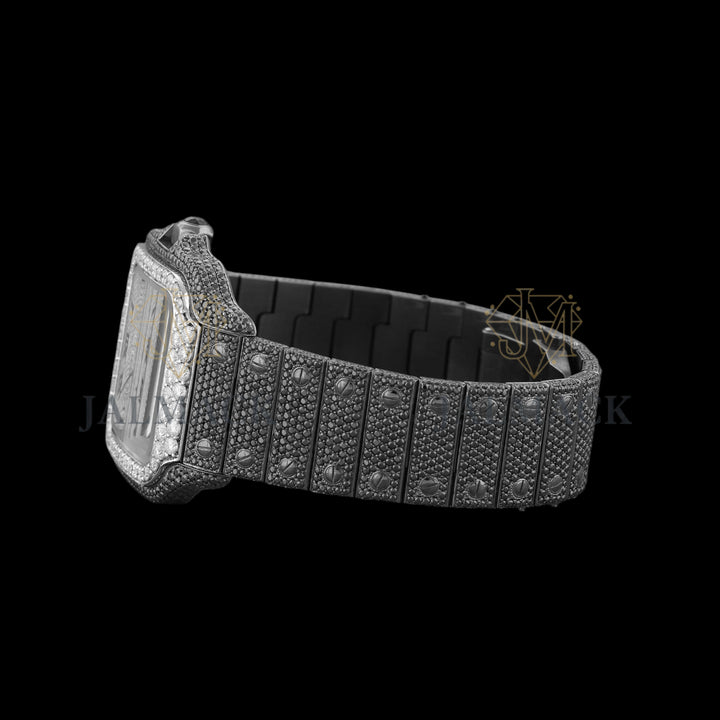 Silver Dial Roman Letter Round-Cut Black Moissanite Watch