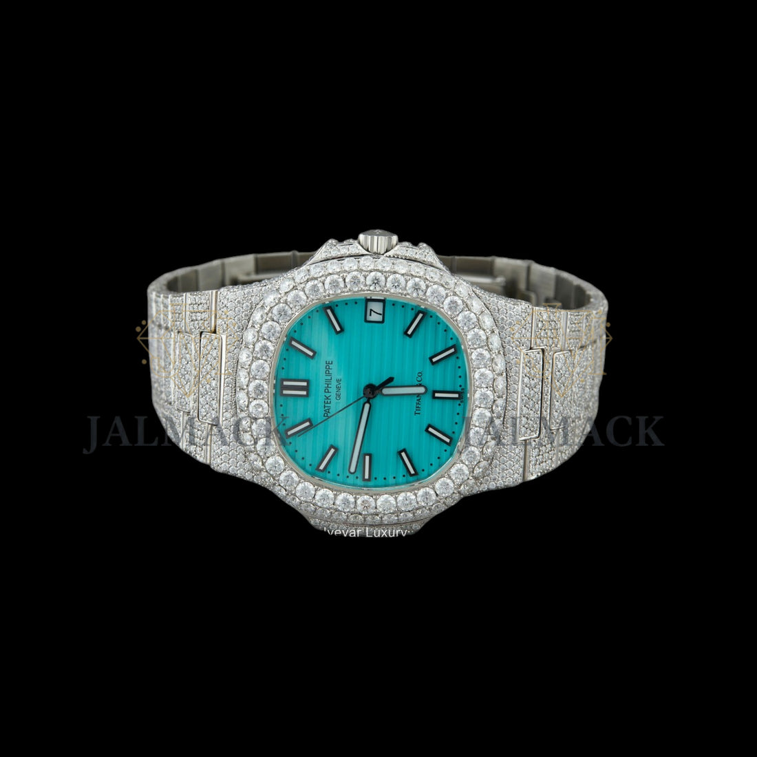 Turquoise Dial Baton Marker Round-Cut Moissanite Watch