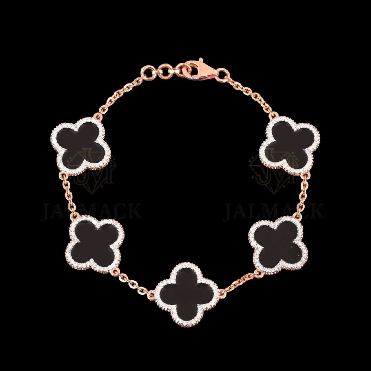 Black Onyx Clover Moissanite Bracelet Rose Gold 925 Silver