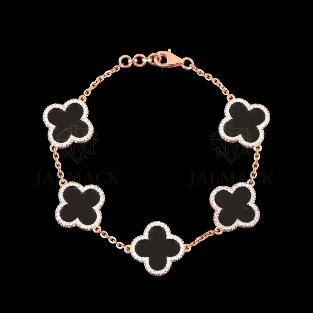 Black Onyx Clover Moissanite Bracelet Rose Gold 925 Silver
