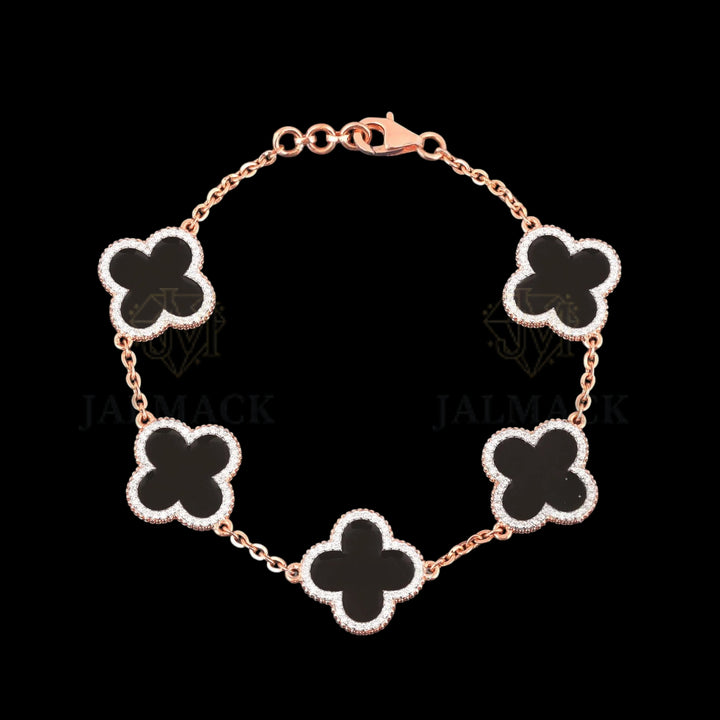 Black Onyx Clover Moissanite Bracelet Rose Gold 925 Silver
