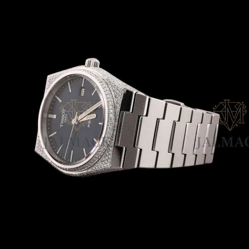 Black Waffle Dial Baton Marker Round-Cut Moissanite Automatic Watch
