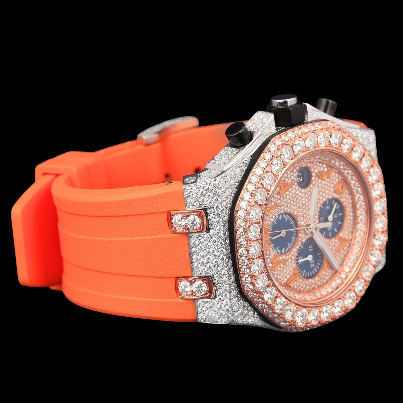 Luxury Orange Chronograph Moissanite Watch VVS1 D Color