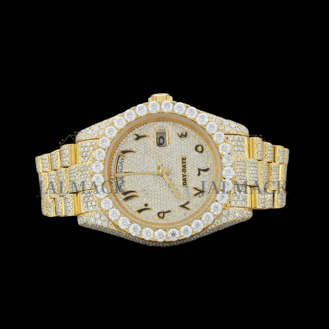 Gold Arabic Dial Round-Cut Moissanite Day-Date Watch
