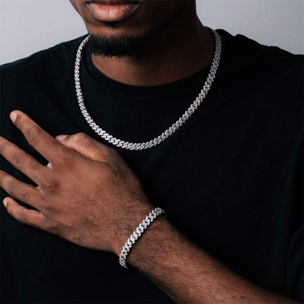8MM VVS1 D Color Moissanite Cuban Link Chain & Bracelet Set 925 Sterling Silver