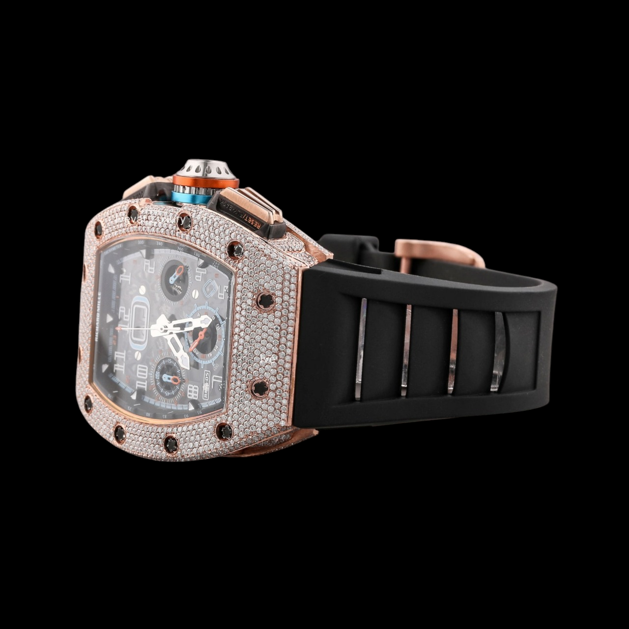 Black Dial Arabic Numeral Round-Cut Moissanite Multifunction Watch