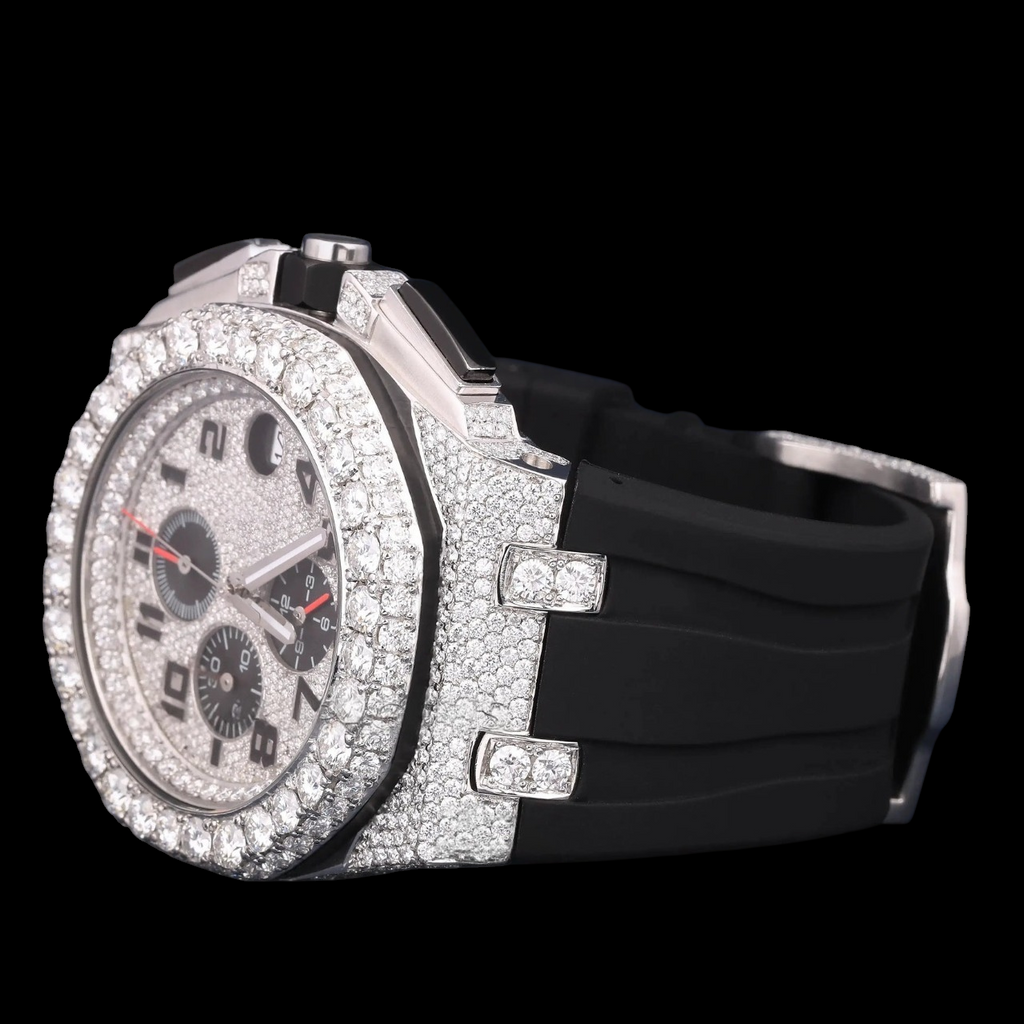 Silver Moissanite Watch VVS1 D Color Black Rubber Strap Watch